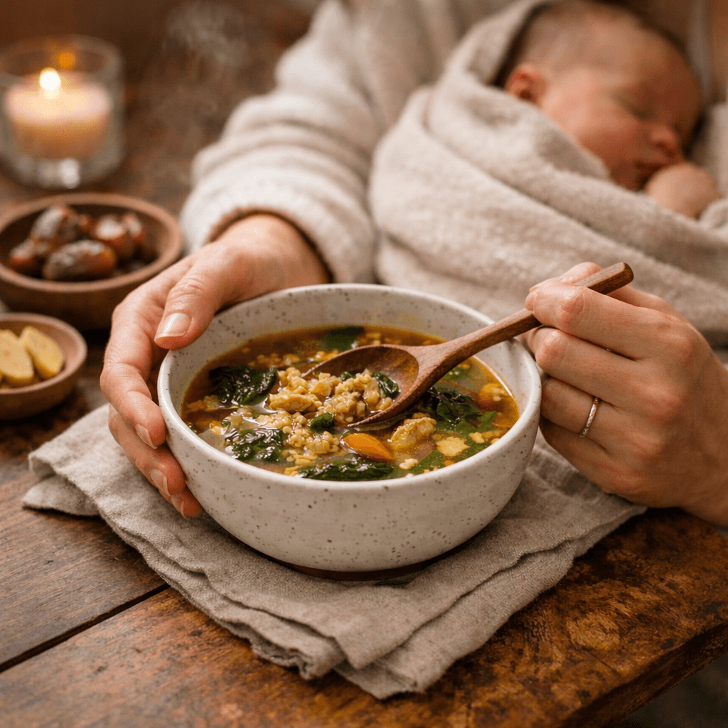 Mother holding baby while enjoying a warm, nourishing soup